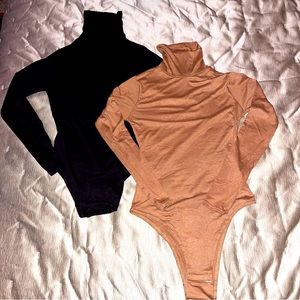 (2) NWT Black & Tan Long Sleeve Turtleneck Bodycon Bodysuit